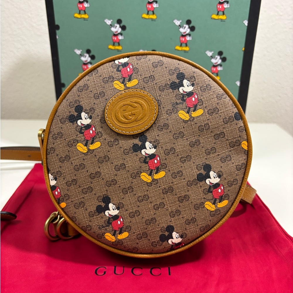 Gucci Brown GG Mickey Mouse Round Crossbody Bag with Yellow Accents